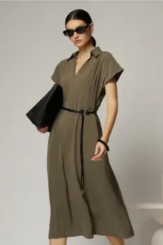 Rochie midi kaki de vara din modal cu decolteu V si cordon in talie. imagine