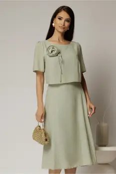 Rochie midi kaki de zi cu detaliu amplu floral la bust imagine