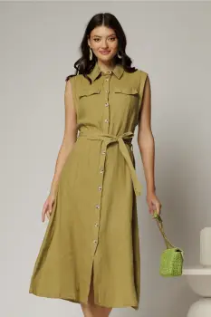 Rochie midi kaki din bumbac fara maneci cu cordon in talie imagine