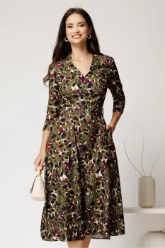 Rochie midi kaki din crep cu imprimeu magenta si cordon in talie imagine