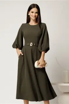 Rochie midi kaki din crep in clos cu maneci bufante si curea in talie imagine