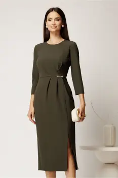 Rochie midi kaki din stofa conica cu pense si accesoriu in talie imagine