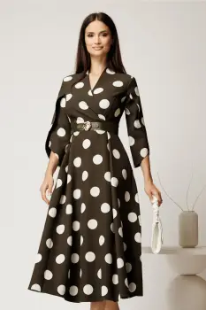 Rochie midi kaki din stofa in clos cu buline mari si curea in talie imagine