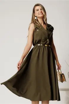 Rochie midi kaki din stofa in clos cu floare si nasturi la bust imagine