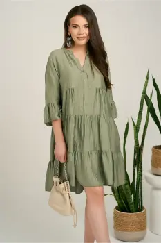 Rochie midi kaki din tencel creponat cu croi tip A si nasturi la bust imagine