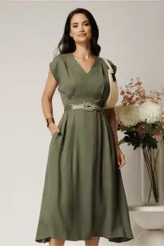 Rochie midi kaki din tencel in clos cu cu pliuri si curea in talie imagine