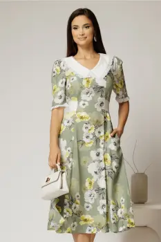 Rochie midi kaki din vascoza cu imprimeu floral si guler alb brodat imagine
