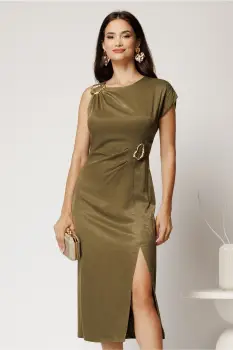 Rochie midi kaki din viscoza conica cu aspect sidefat si accesoriu in talie imagine