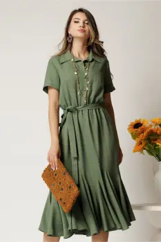 Rochie midi kaki din viscoza in clos cu nasturi si cordon imagine