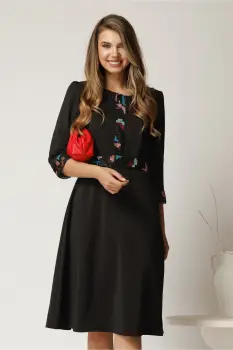 Rochie midi Laura neagra din stofa cu broderie geometrica imagine