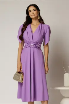 Rochie midi lila de ocazie cu pliuri pe bust si cordon detasabi cu flori imagine