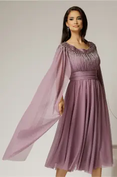 Rochie midi lila de ocazie din tul cu aplicatii la decolteu si maneci lungi imagine