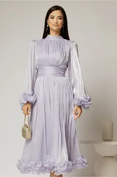 Rochie midi lila de ocazie din voal peliculizat cu maneci ample cu volanase imagine
