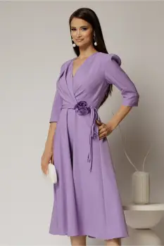 Rochie midi lila din stofa in clos cu floare in talie imagine