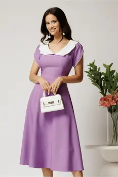 Rochie midi lila din stofa in clos cu guler alb si perle margelute la maneci- LaDonna imagine