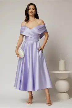 Rochie midi lila din tafta de ocazie cu umeri goi imagine