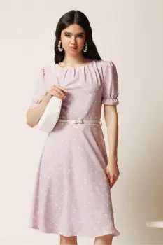 Rochie midi lila din viscoza in clos cu buline si curea in talie imagine