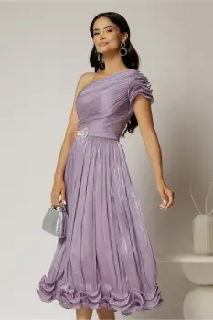 Rochie midi lila din voal peliculizat cu volanase pe fusta imagine