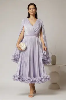 Rochie midi lila din voal satinat in clos cu maneci ample si curea din strasuri in talie imagine