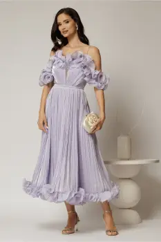 Rochie midi lila in clos din voal satinat cu volanase la bust si la baza imagine