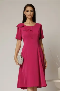 Rochie midi magenta cu funda la umar si croi in clini imagine