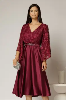 Rochie midi magenta de ocazie din satin si dantela imagine