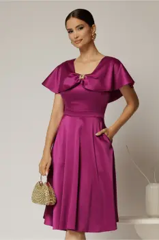 Rochie midi magenta din tafta cu decolteu barcuta si brosa imagine