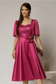 Rochie midi magenta din tafta si paiete cu funda ampla pe talie imagine