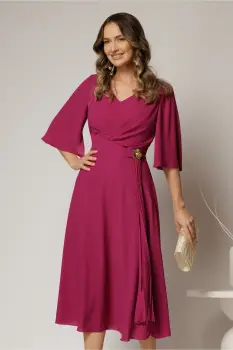 Rochie midi magenta din triplu voal cu decolteu in V si maneci scurte evazate imagine