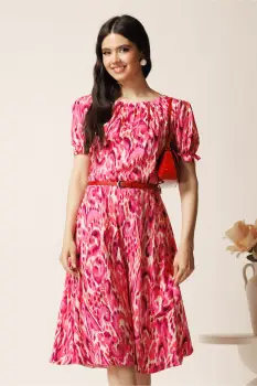 Rochie midi magenta din viscoza in clos cu imprimeuri fucsia si curea in talie imagine