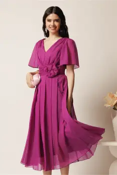 Rochie midi magenta din voal clos cu floare in talie- Moze imagine