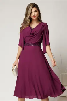 Rochie midi magenta din voal cu broderie si paiete la decolteu si in talie imagine