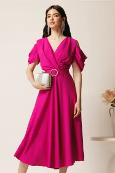 Rochie midi magenta din voal in clos cu decupaje la umeri si cordon in talie imagine