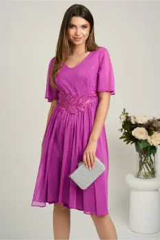 Rochie midi magenta din voal in clos cu glitter si broderie in talie imagine
