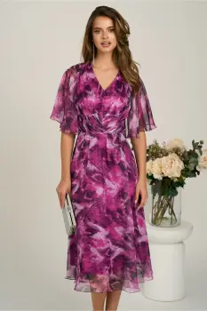 Rochie midi magenta din voal in clos cu imprimeuri si maneci vaporoase imagine
