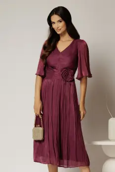Rochie midi magenta din voal peliculizat cu decolteu V imagine