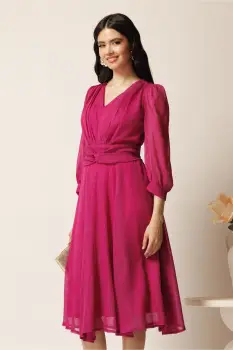 Rochie midi magenta in clos din voal cu fir lurex- Ella Collection Gina imagine