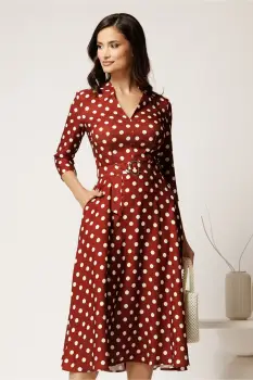 Rochie midi maro cu buline din stofa cu cordon in talie imagine