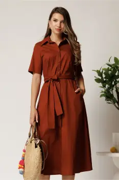 Rochie midi maro din bumbac in clos cu cordon in talie imagine