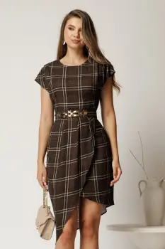 Rochie midi maro din jerse cu carouri si curea in talie imagine