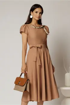 Rochie midi maro din rayon cu lantisor cu esarfa la decolteu imagine