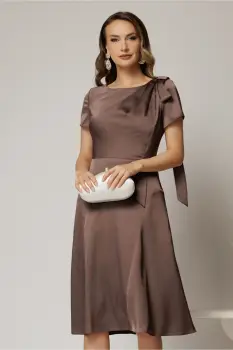 Rochie midi maro din satin cu funda pe umar si fusta clos imagine