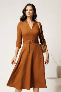 Rochie midi maro din stofa cu cordon in talie imagine