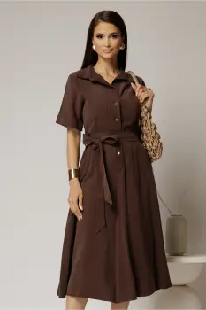 Rochie midi maro din tencel cu guler tip camasa si maneci scurte imagine