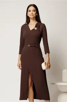 Rochie midi maro din triplu voal cu croi conic si curea in talie imagine