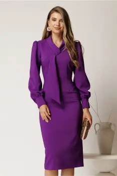 Rochie midi mov conica din stofa cu guler tip esarfa imagine