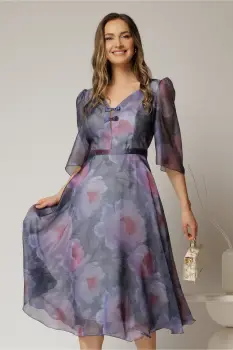 Rochie midi mov cu imprimeuri si fundite pe bust imagine