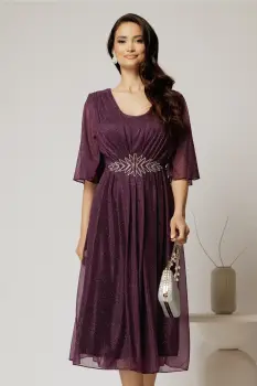 Rochie midi mov de ocazie din voal cu sclipici si accesoriu talie imagine