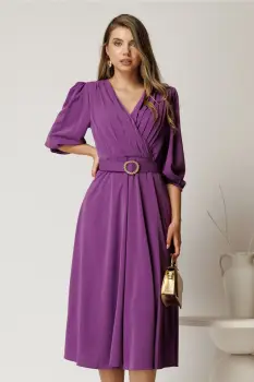 Rochie midi mov din triplu voal cu pliuri la bust si curea in talie imagine