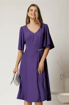 Rochie midi mov din voal cu croi in clini si strasuri in talie imagine